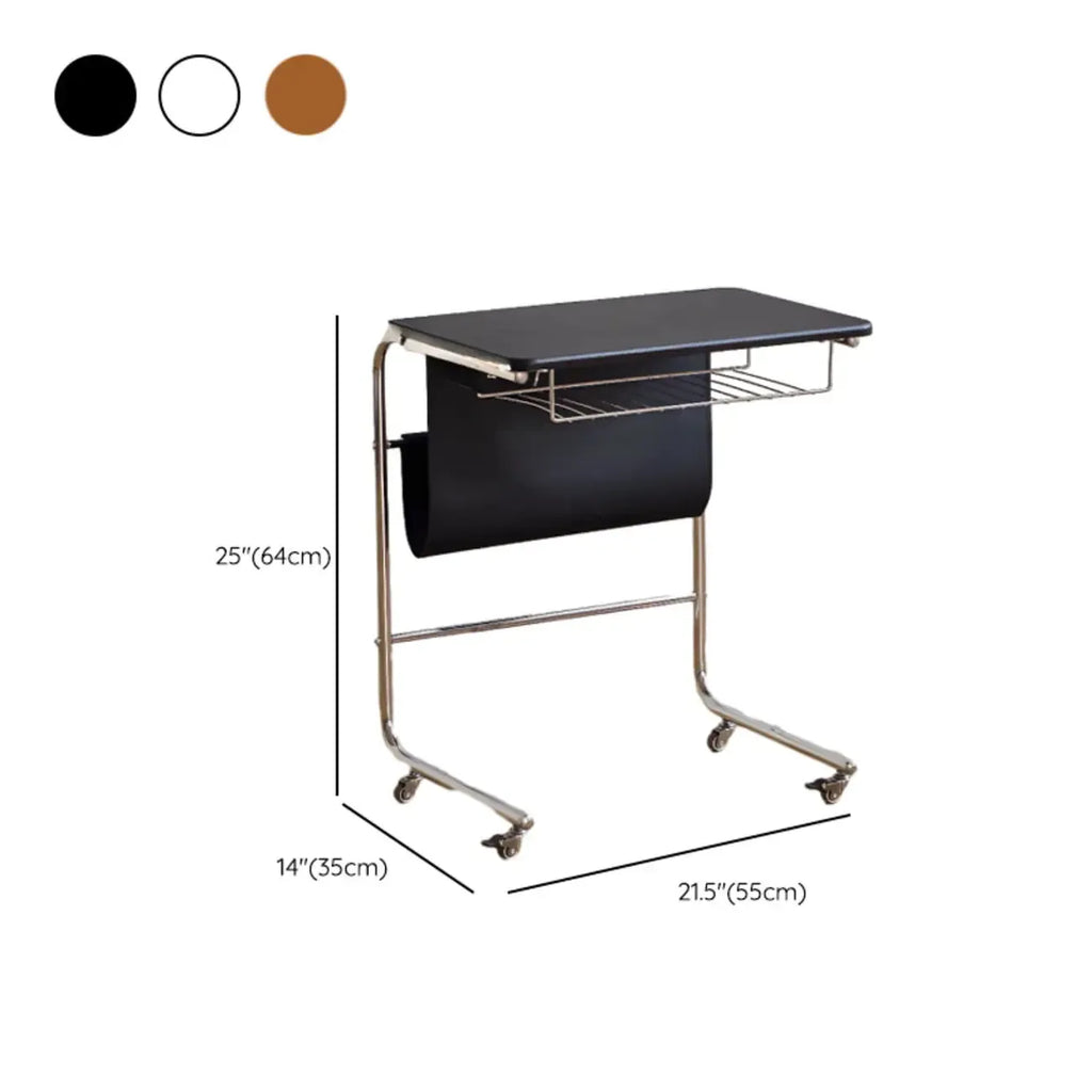 Table d'appoint minimaliste à roulettes en métal avec plateau en bois et structure en forme de C