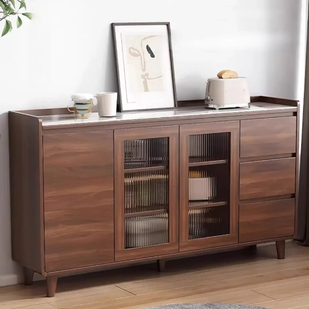 Buffet moderne en bois avec plateau en pierre et rangements