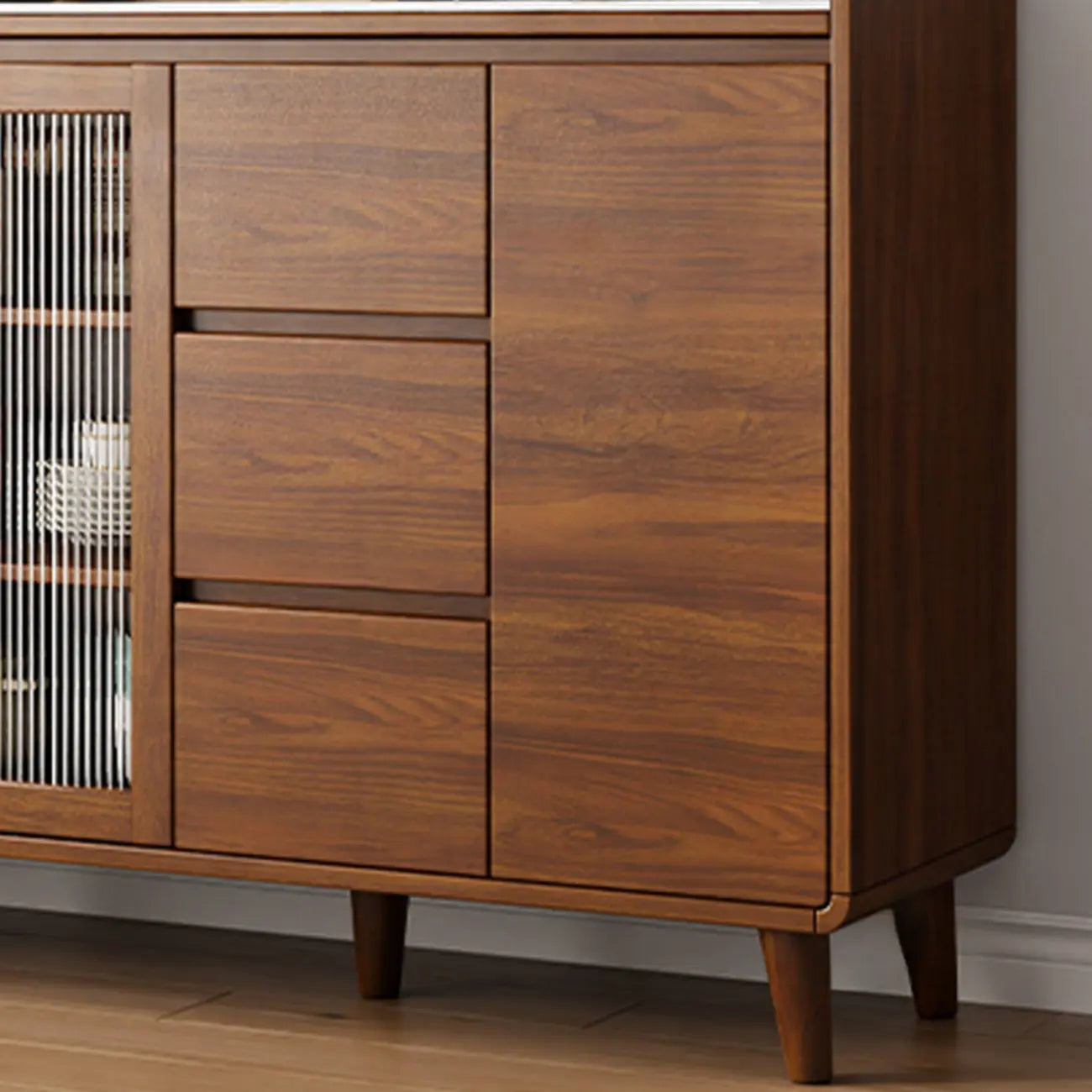 Buffet moderne en bois avec plateau en pierre et rangements