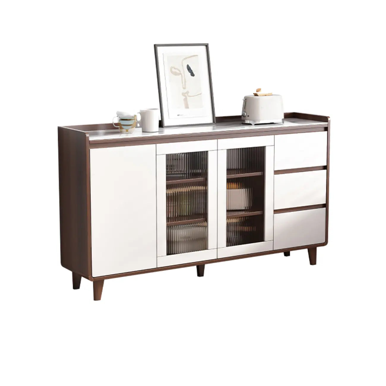 Buffet moderne en bois avec plateau en pierre et rangements