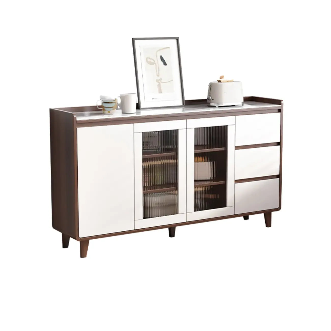 Buffet moderne en bois avec plateau en pierre et rangements