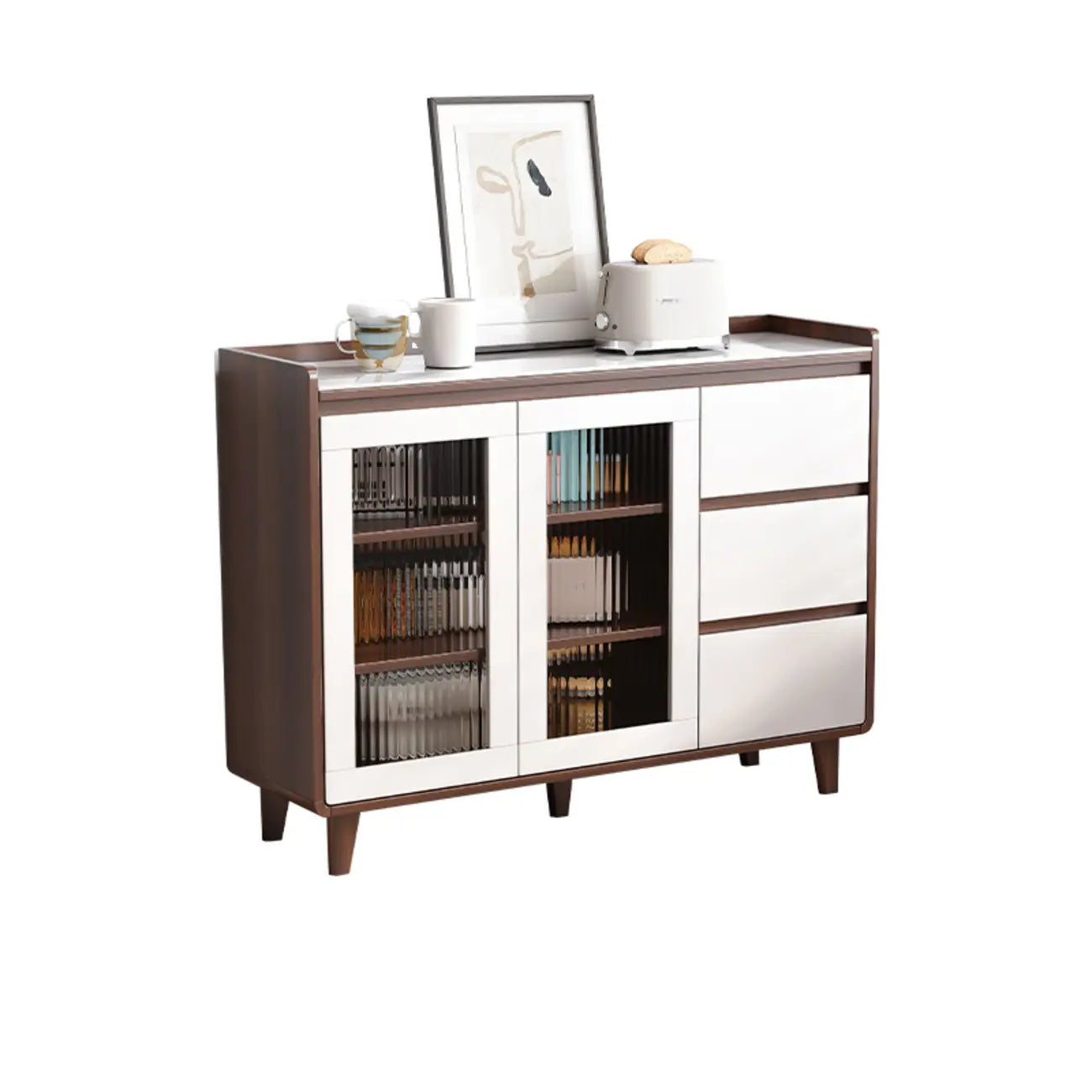 Buffet moderne en bois avec plateau en pierre et rangements