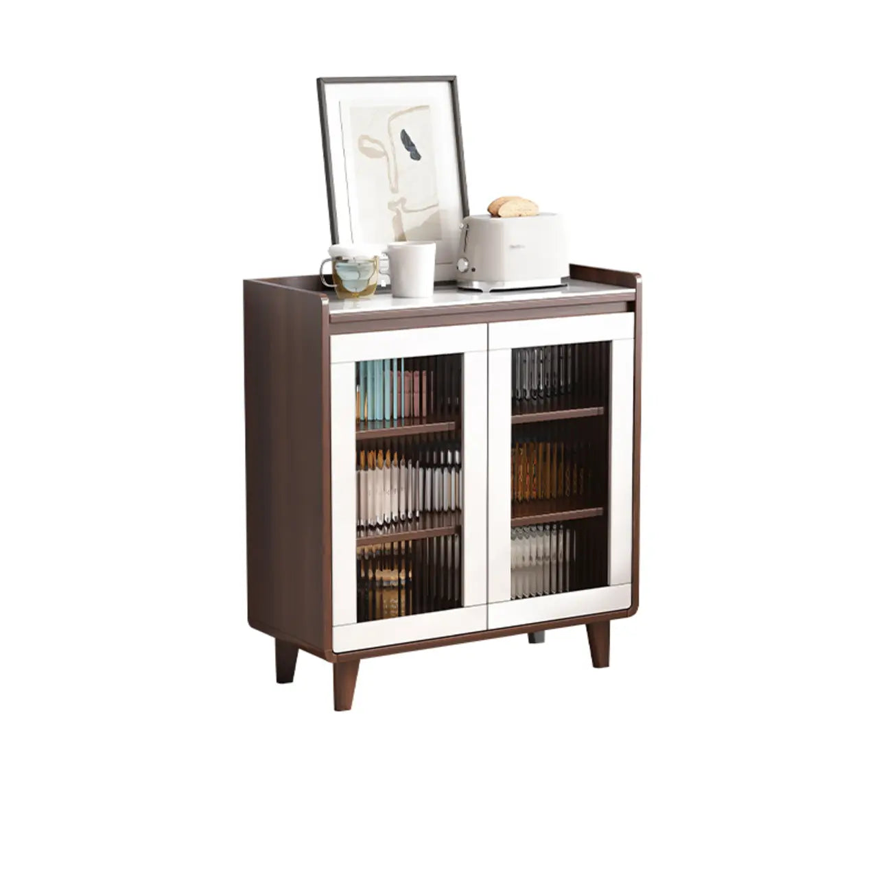 Buffet moderne en bois avec plateau en pierre et rangements