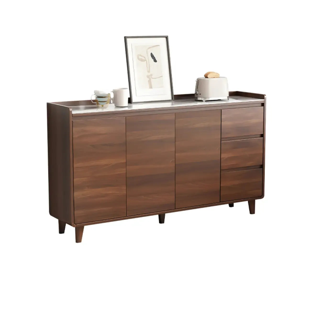Buffet moderne en bois avec plateau en pierre et rangements