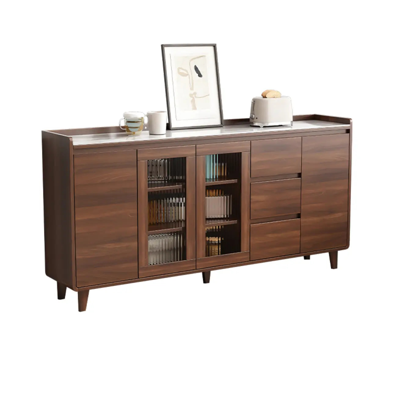 Buffet moderne en bois avec plateau en pierre et rangements