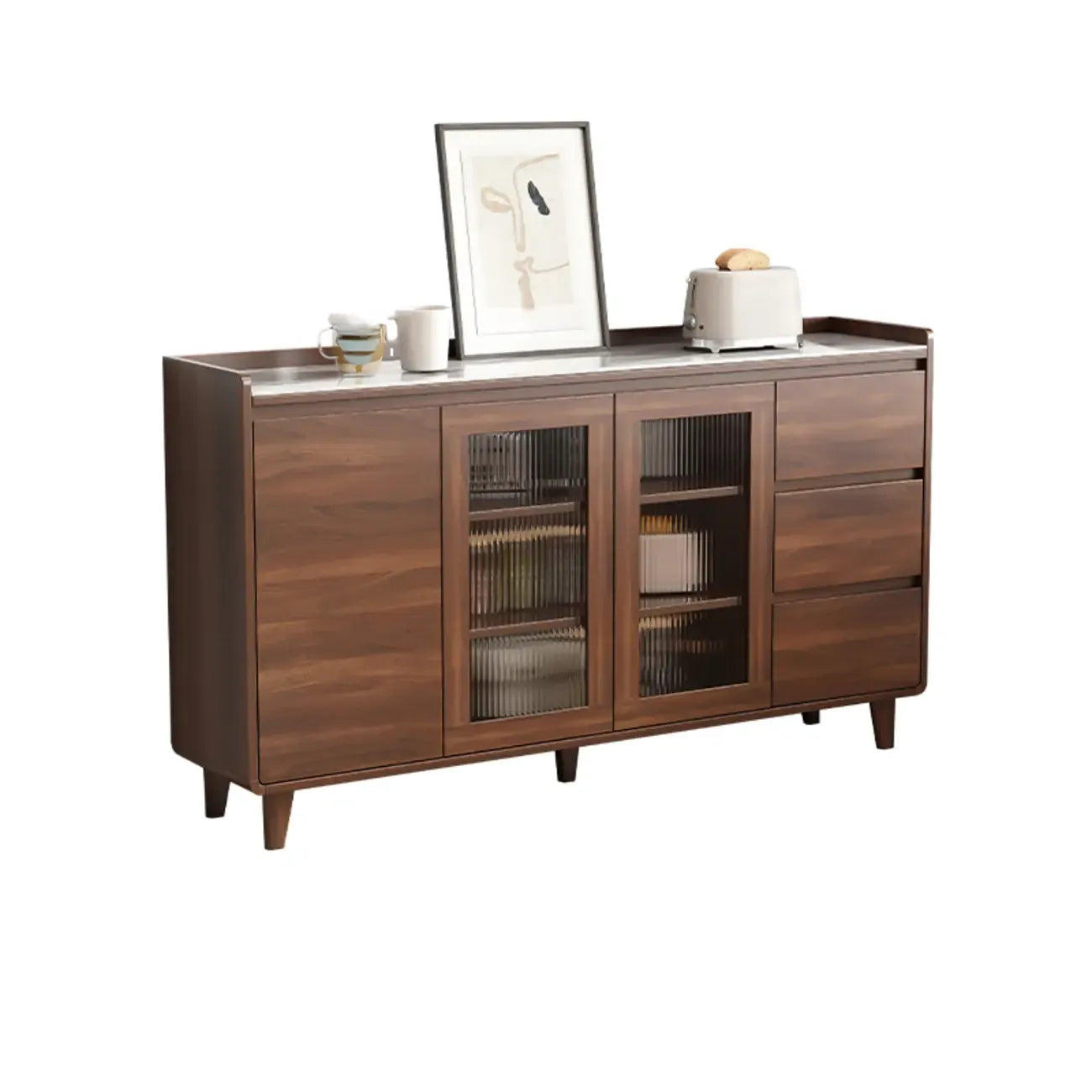 Buffet moderne en bois avec plateau en pierre et rangements