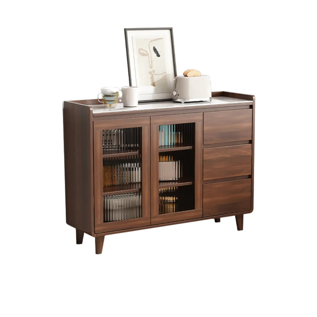 Buffet moderne en bois avec plateau en pierre et rangements