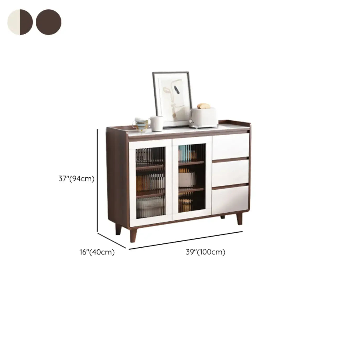 Buffet moderne en bois avec plateau en pierre et rangements