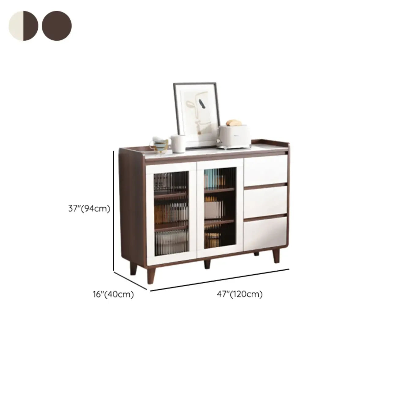 Buffet moderne en bois avec plateau en pierre et rangements