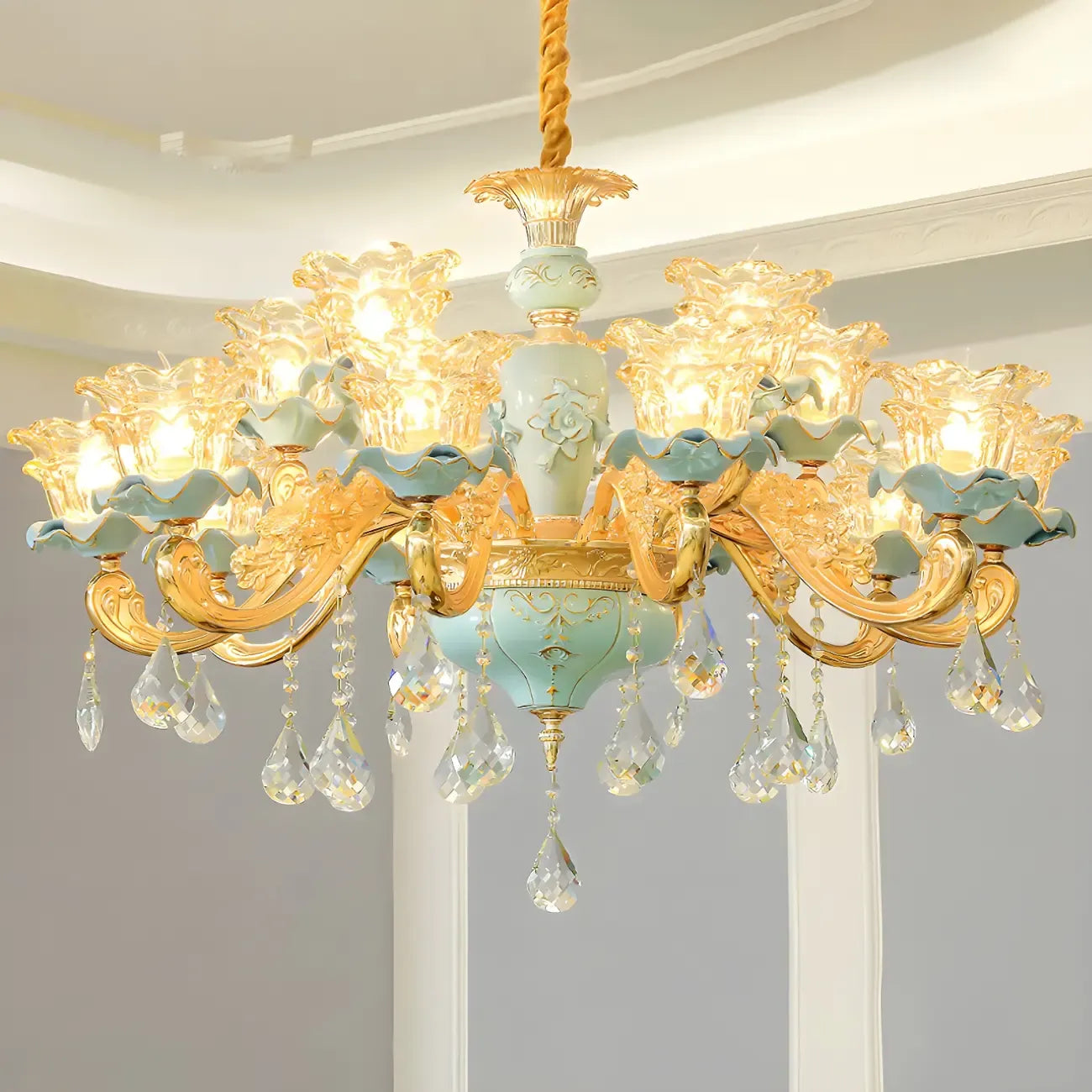 Lustre vintage en cristal doré en forme de fleur pour salon