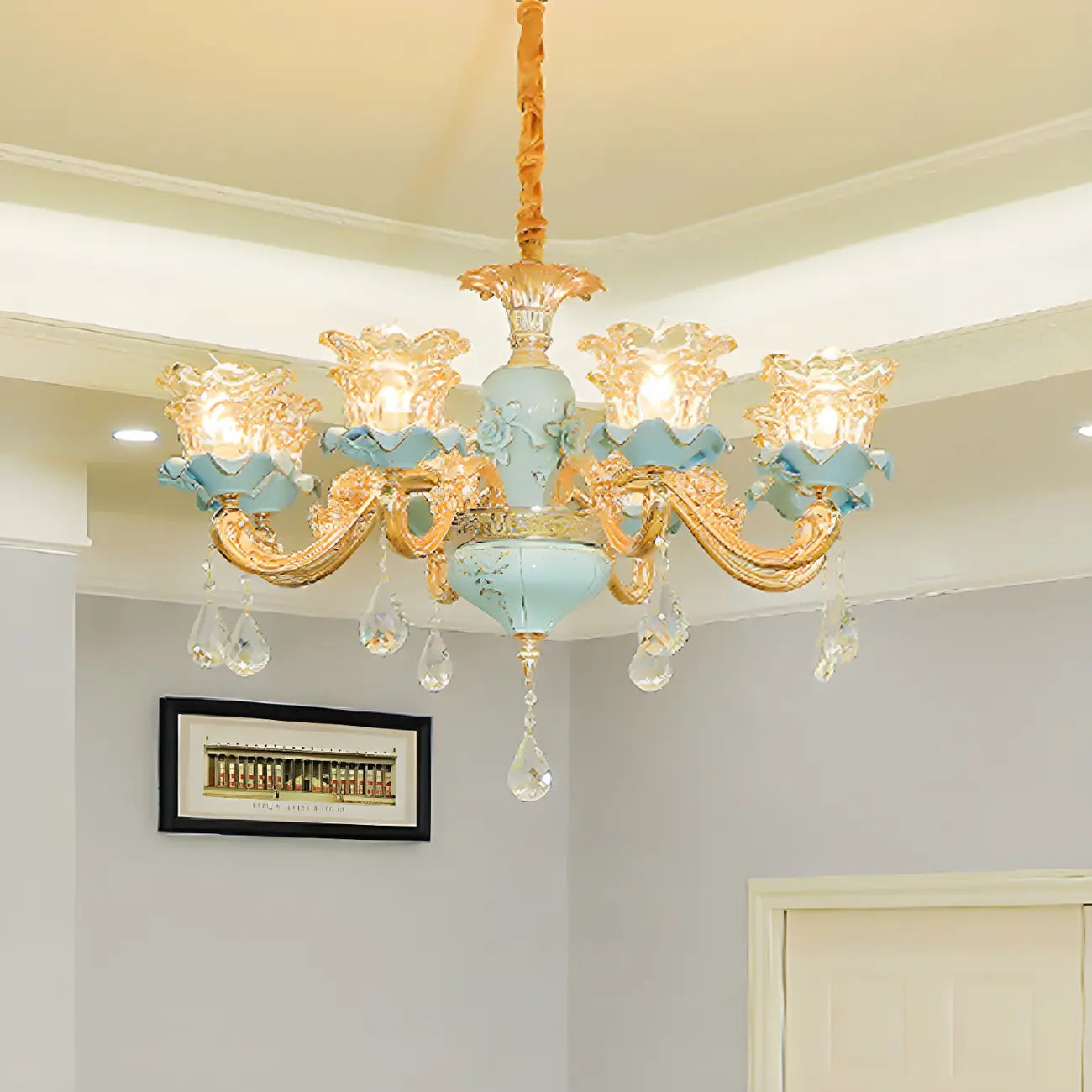 Lustre vintage en cristal doré en forme de fleur pour salon