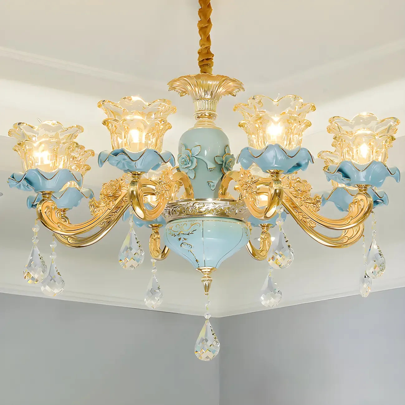 Lustre vintage en cristal doré en forme de fleur pour salon