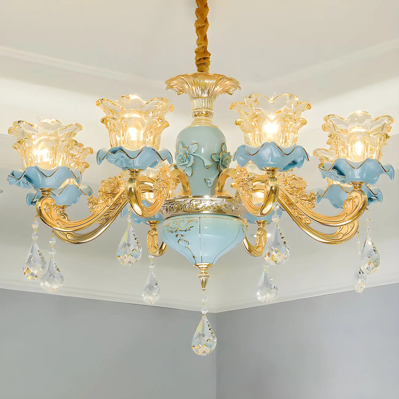 Lustre vintage en cristal doré en forme de fleur pour salon