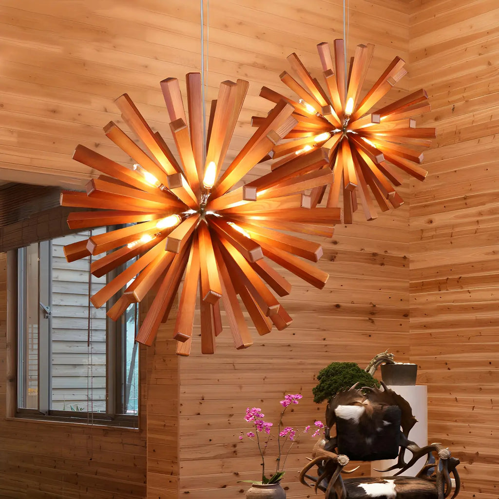 Lustre moderne à 10 lumières en bois foncé, rond, en forme d'étoile