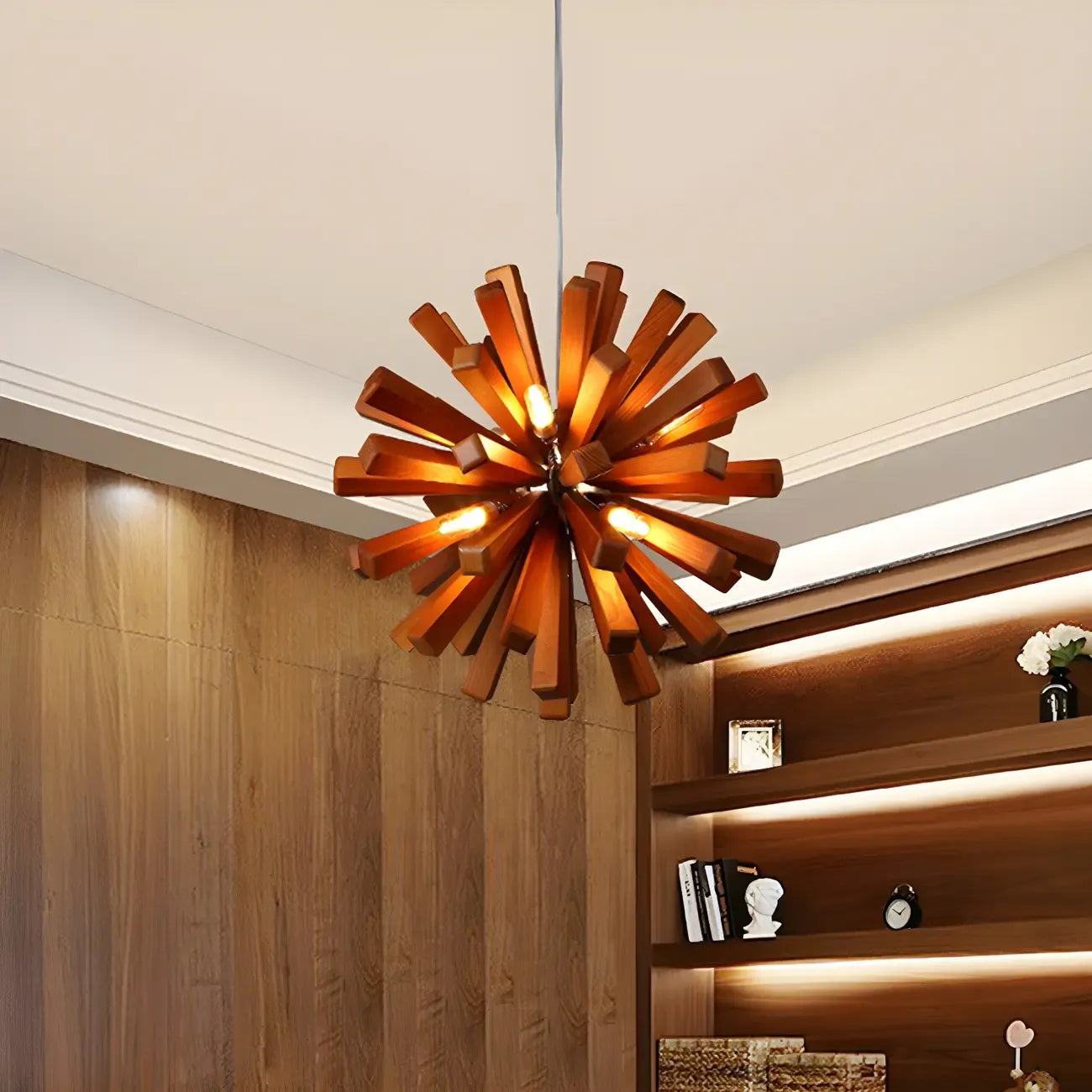 Lustre moderne à 10 lumières en bois foncé, rond, en forme d'étoile