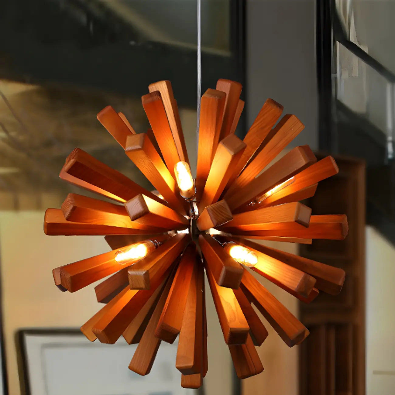 Lustre moderne à 10 lumières en bois foncé, rond, en forme d'étoile