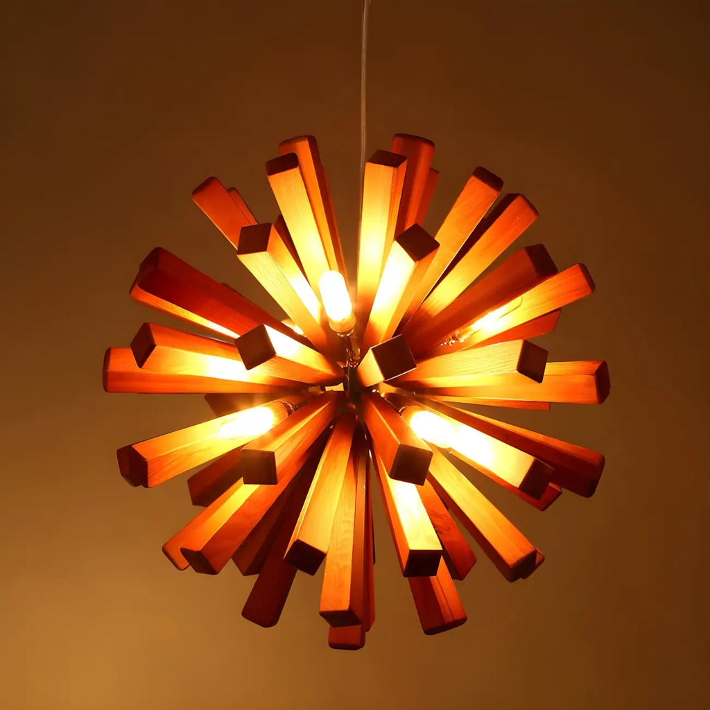 Lustre moderne à 10 lumières en bois foncé, rond, en forme d'étoile