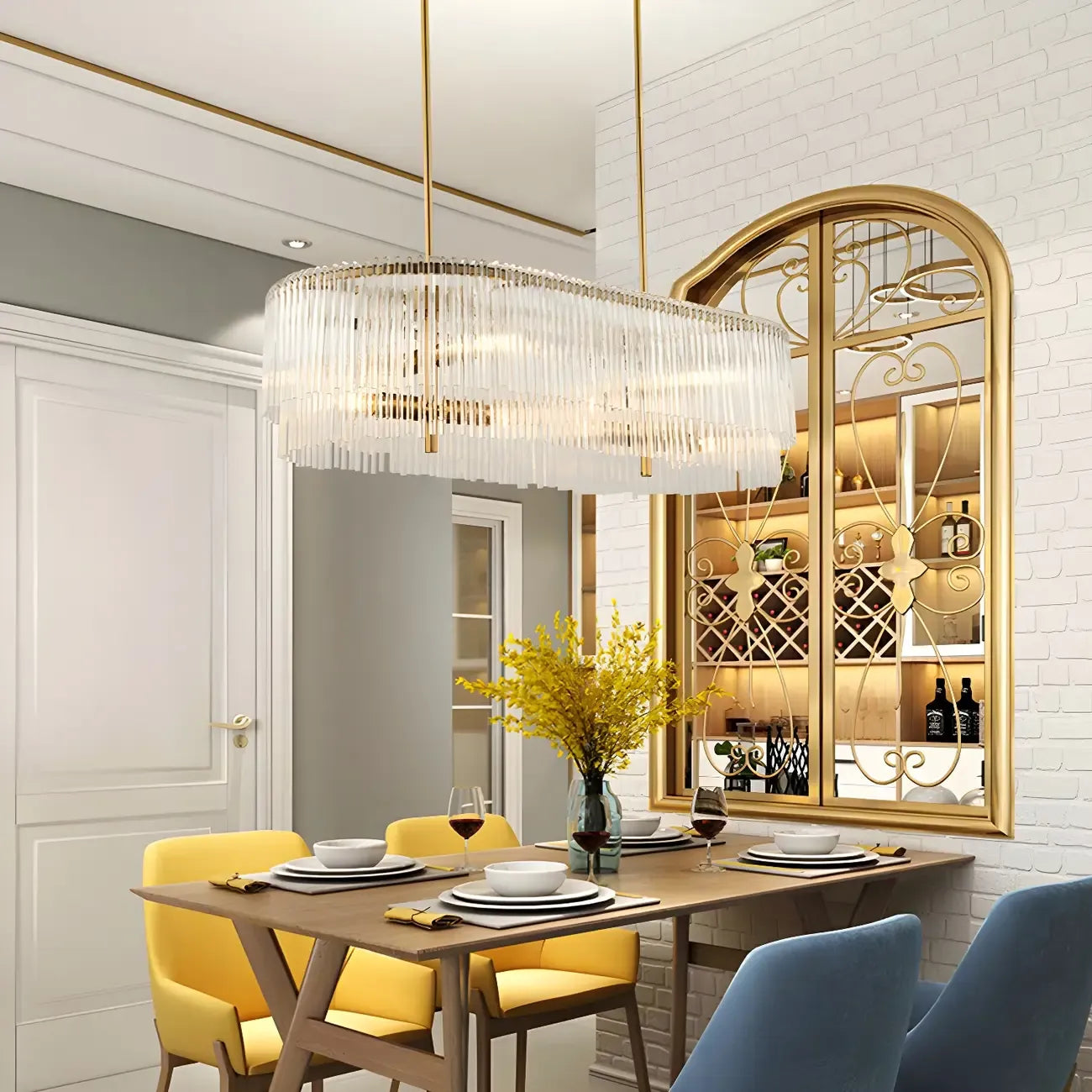 Suspension ovale moderne en laiton et cristal pour îlot de cuisine