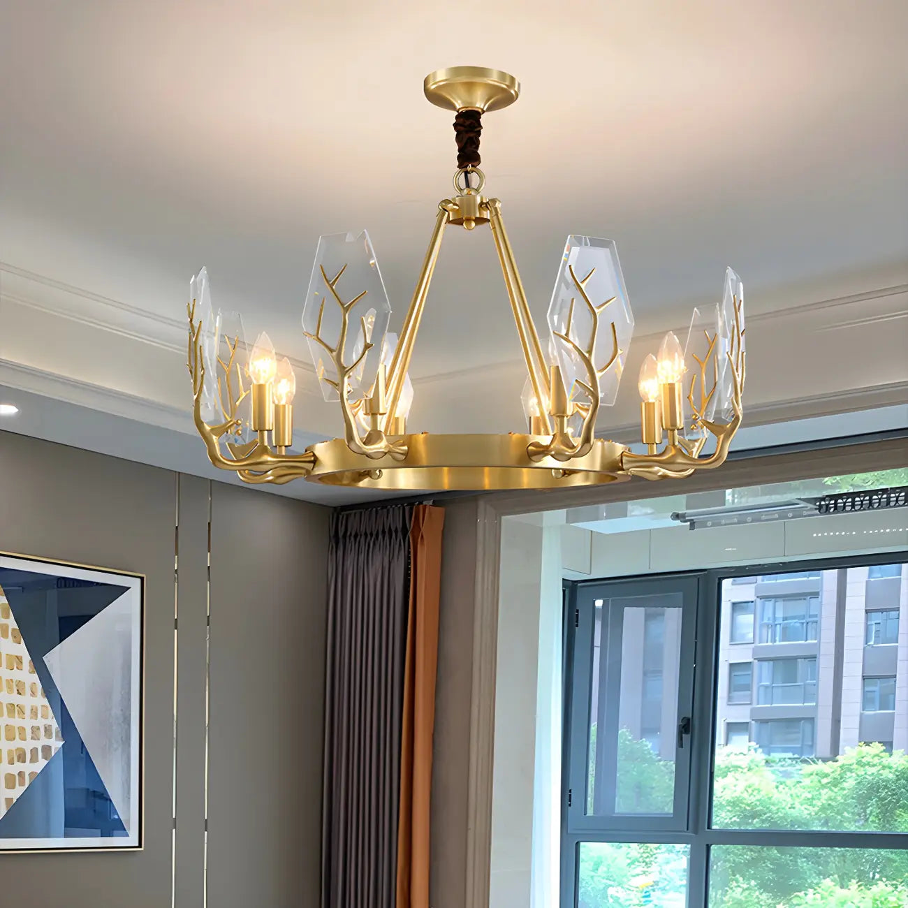 Lustre rond en verre à branches dorées nordiques