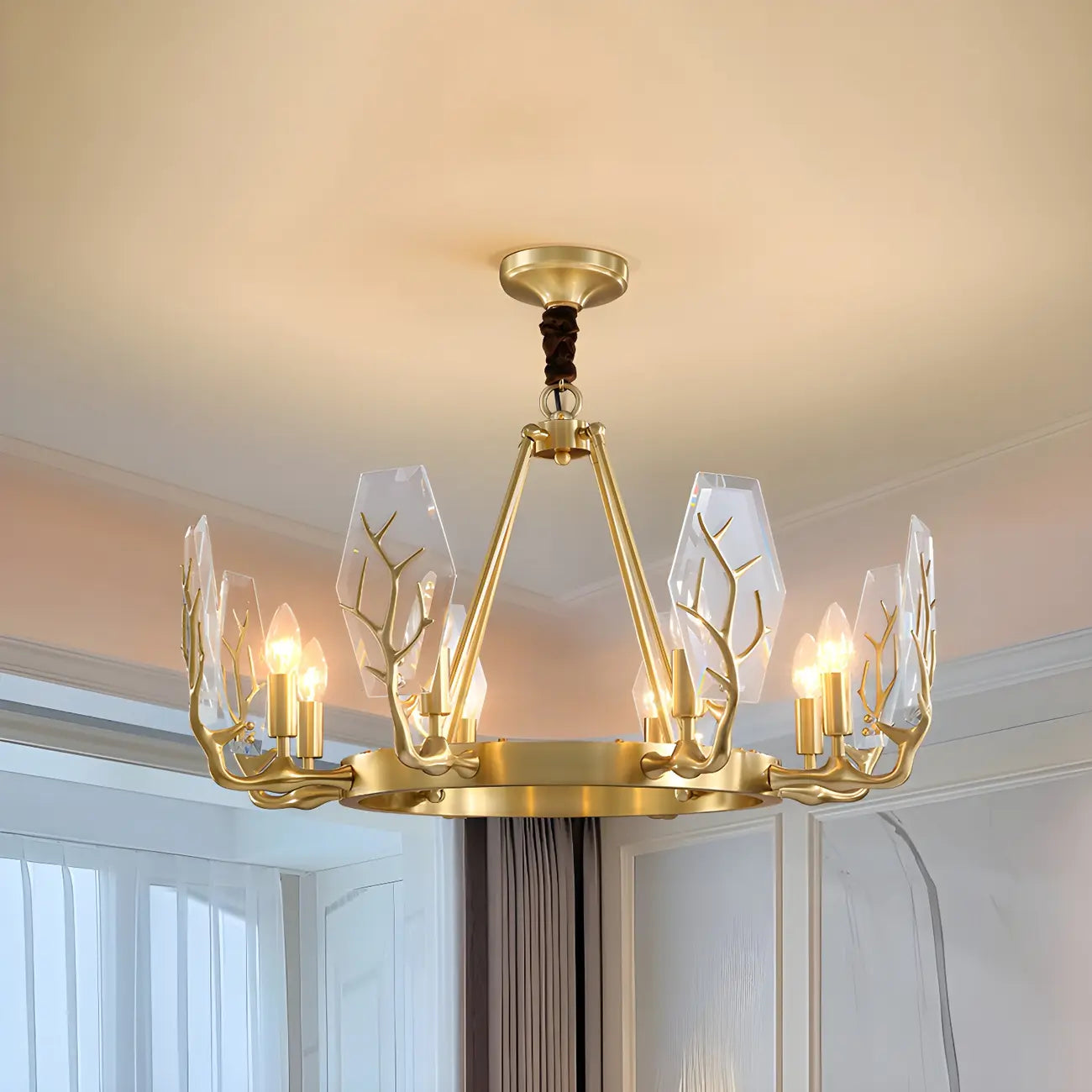 Lustre rond en verre à branches dorées nordiques