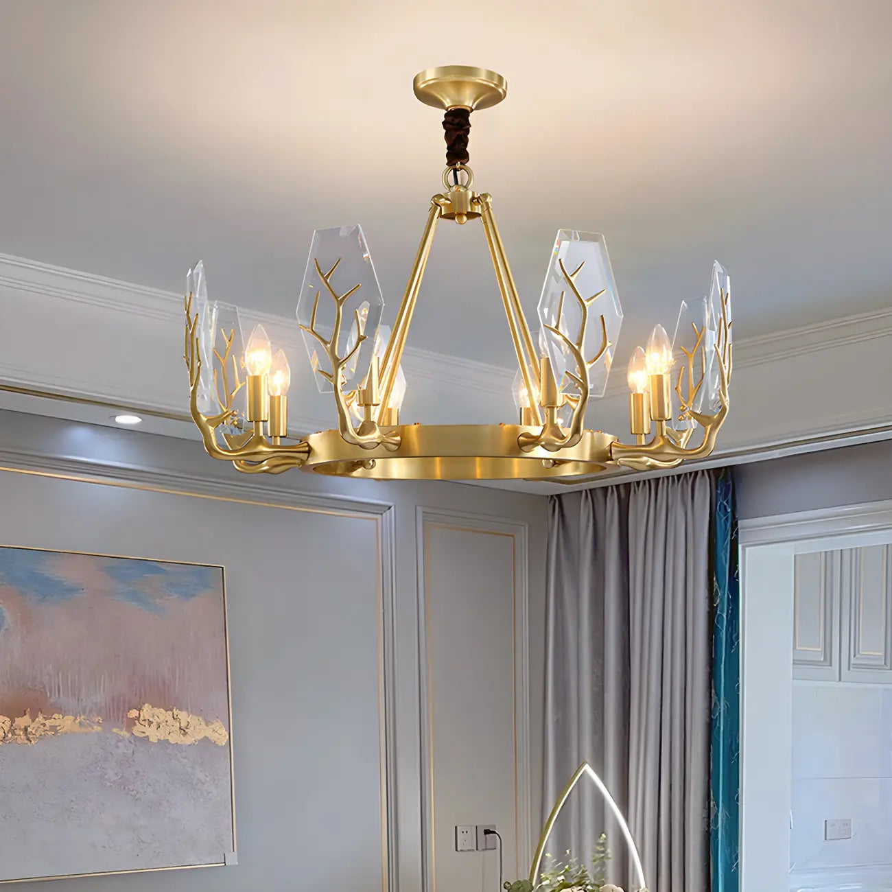 Lustre rond en verre à branches dorées nordiques