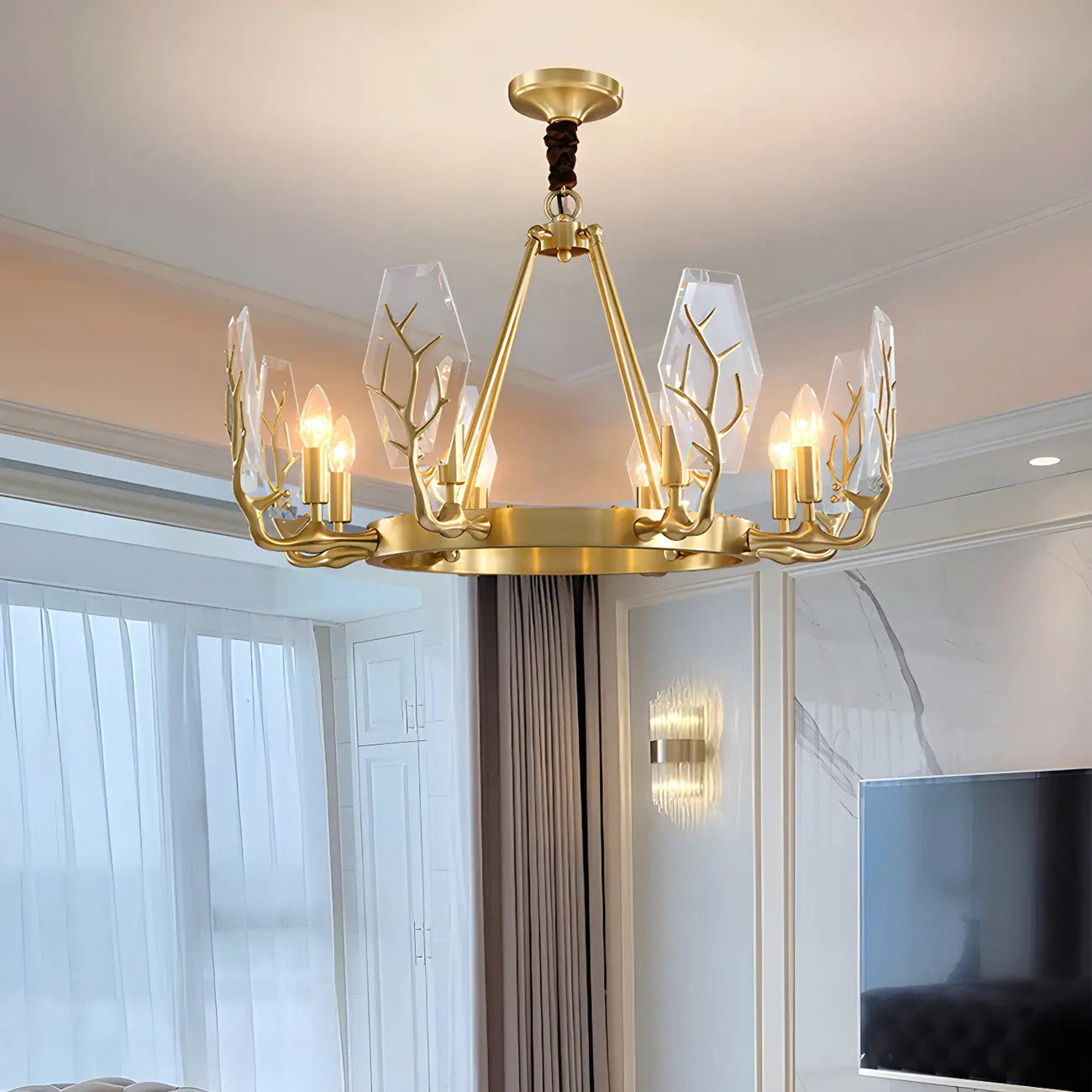 Lustre rond en verre à branches dorées nordiques