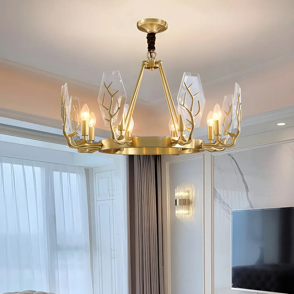 Lustre rond en verre à branches dorées nordiques