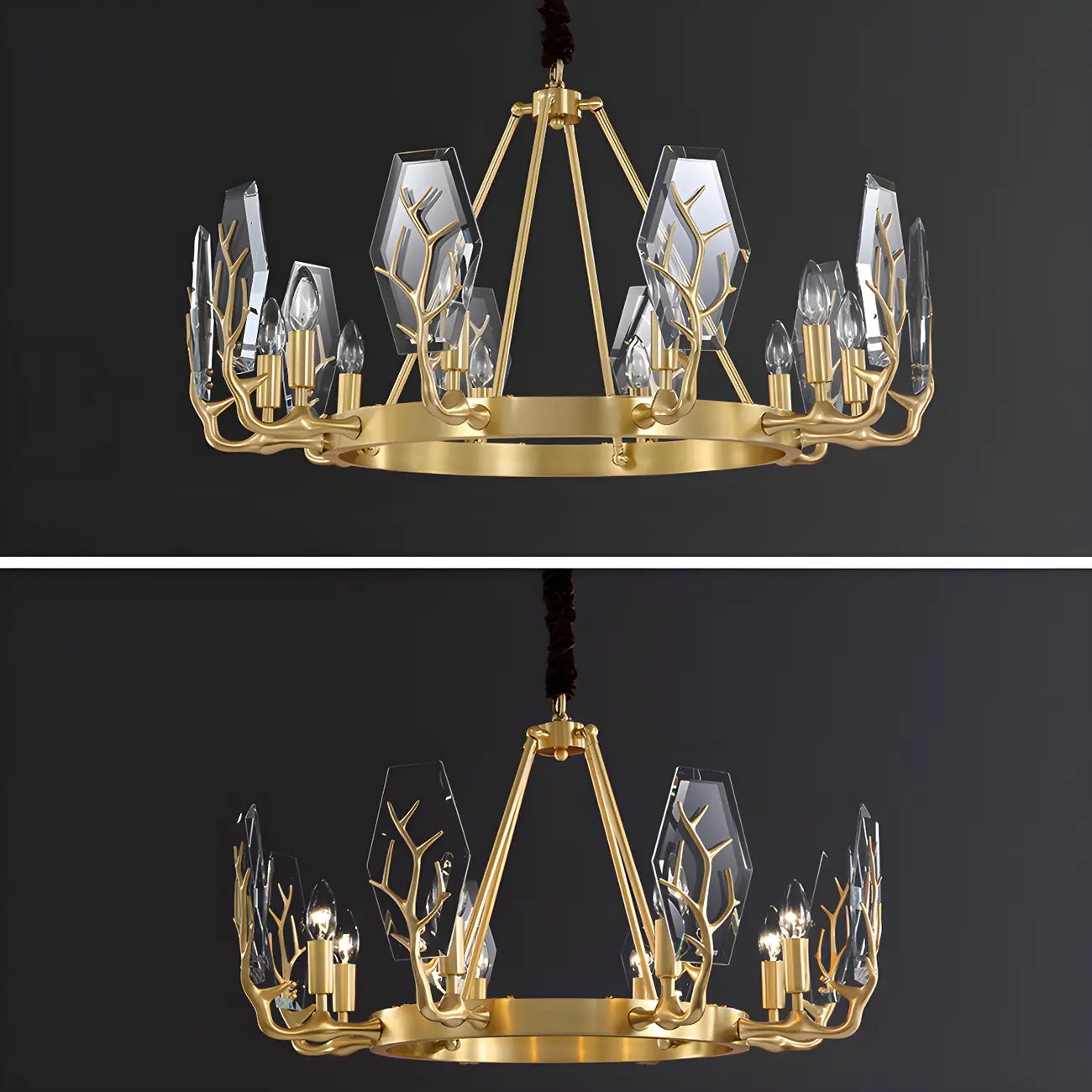 Lustre rond en verre à branches dorées nordiques