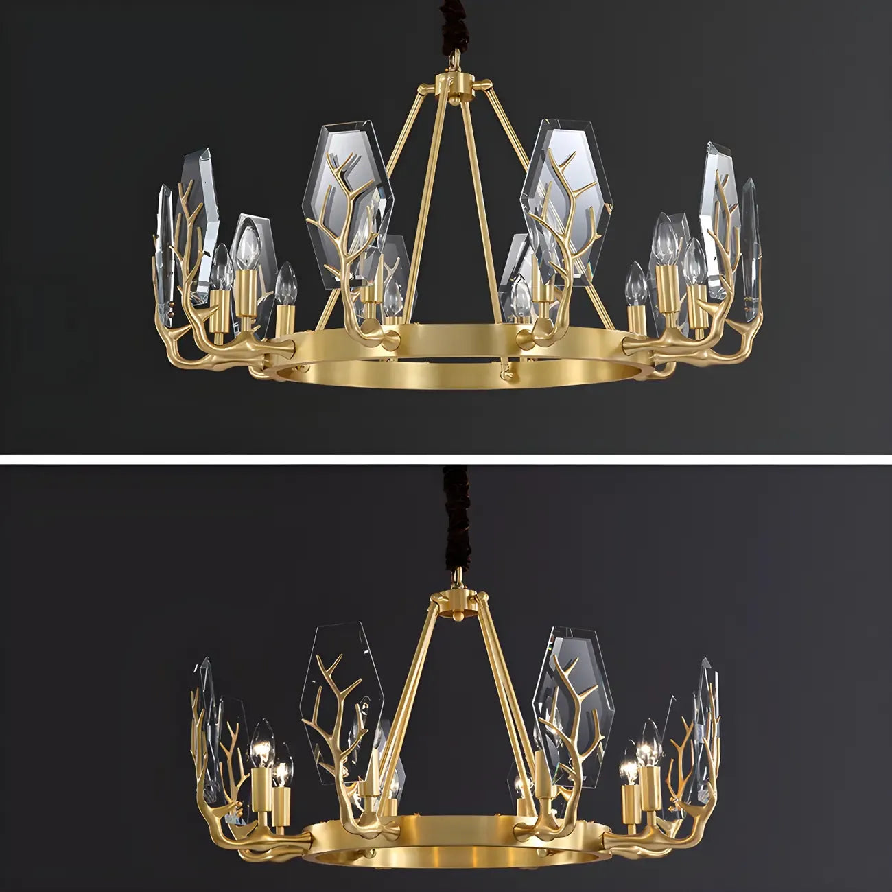 Lustre rond en verre à branches dorées nordiques