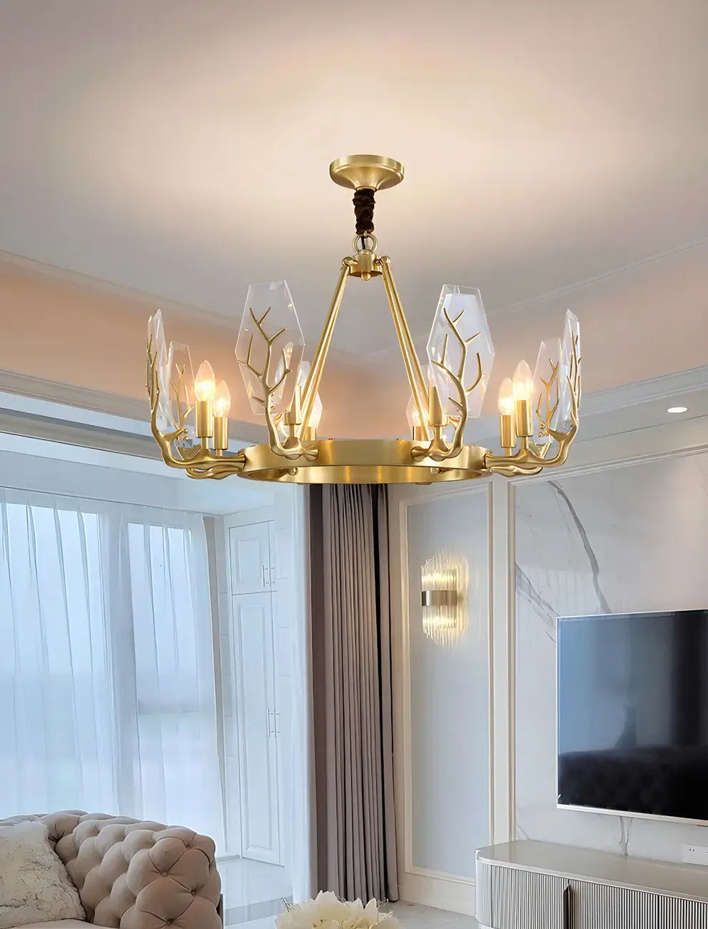 Lustre rond en verre à branches dorées nordiques