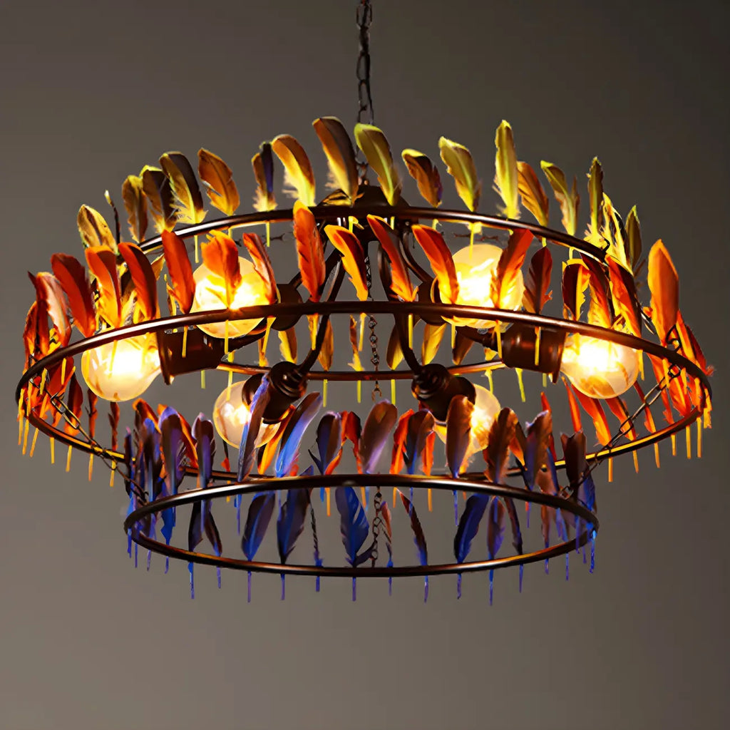 Lustre Art Déco à deux niveaux en forme de cerceau de plumes avec chaîne réglable