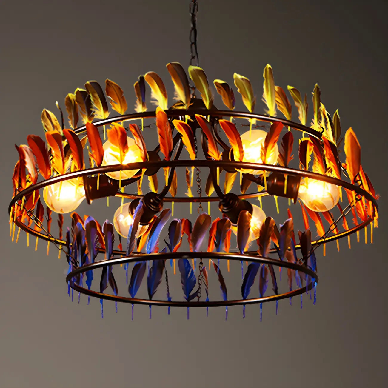 Lustre Art Déco à deux niveaux en forme de cerceau de plumes avec chaîne réglable