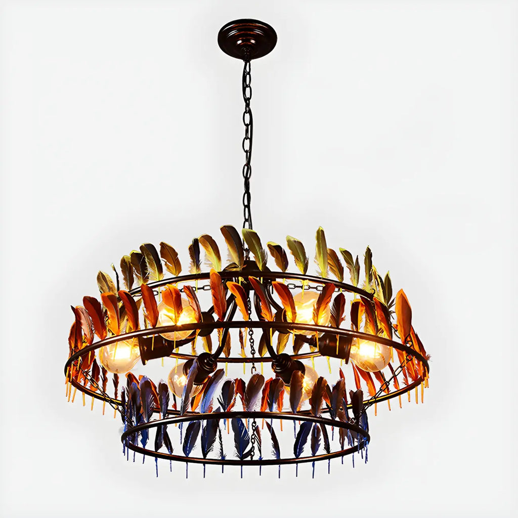 Lustre Art Déco à deux niveaux en forme de cerceau de plumes avec chaîne réglable