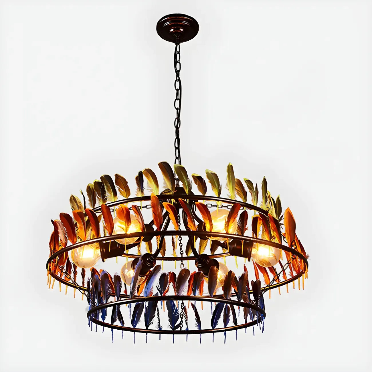 Lustre Art Déco à deux niveaux en forme de cerceau de plumes avec chaîne réglable