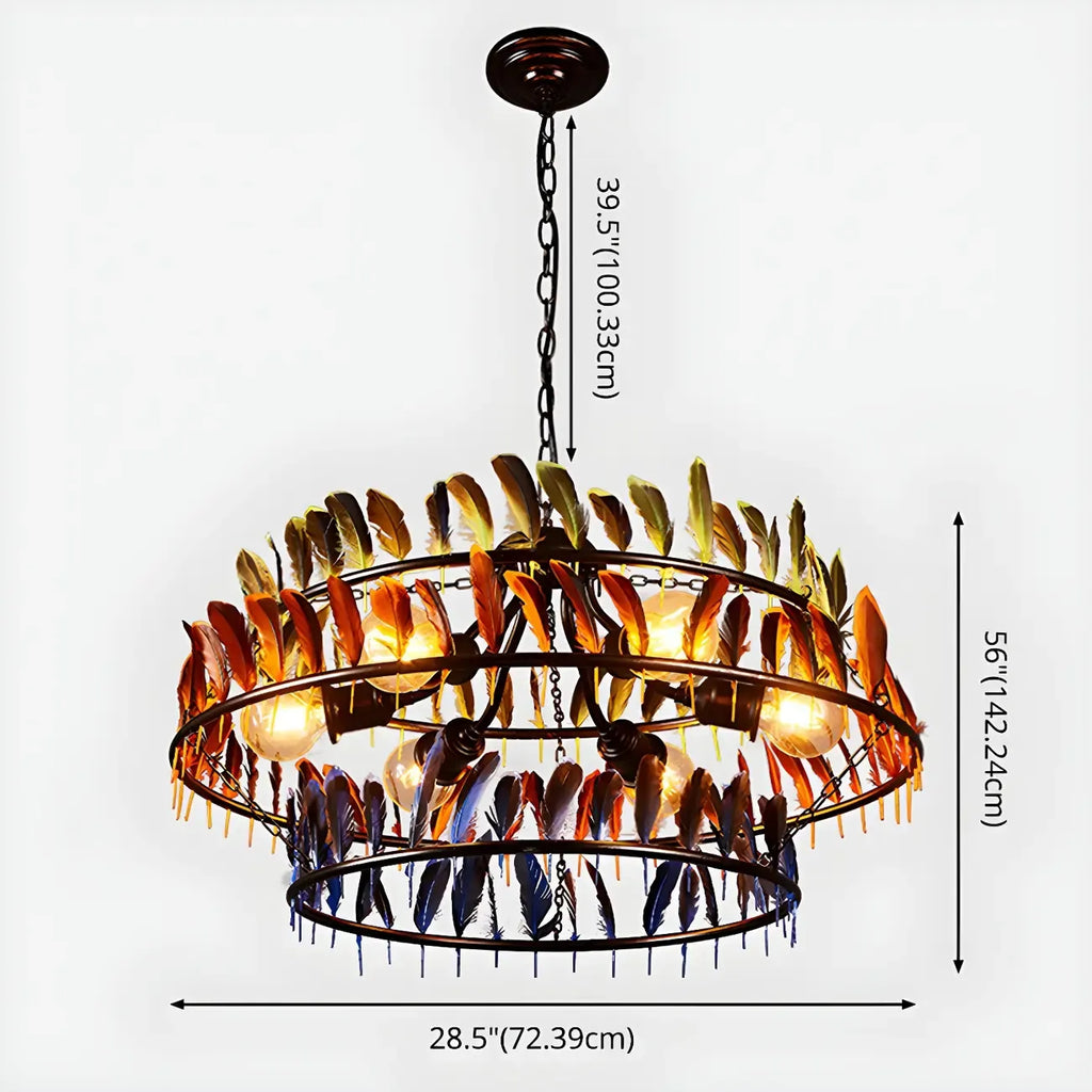 Lustre Art Déco à deux niveaux en forme de cerceau de plumes avec chaîne réglable