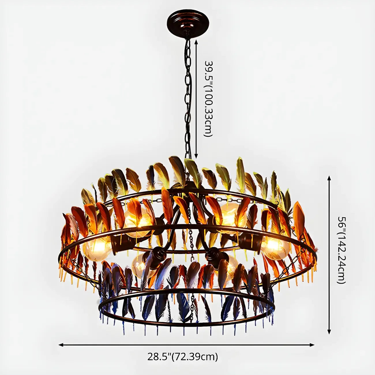 Lustre Art Déco à deux niveaux en forme de cerceau de plumes avec chaîne réglable