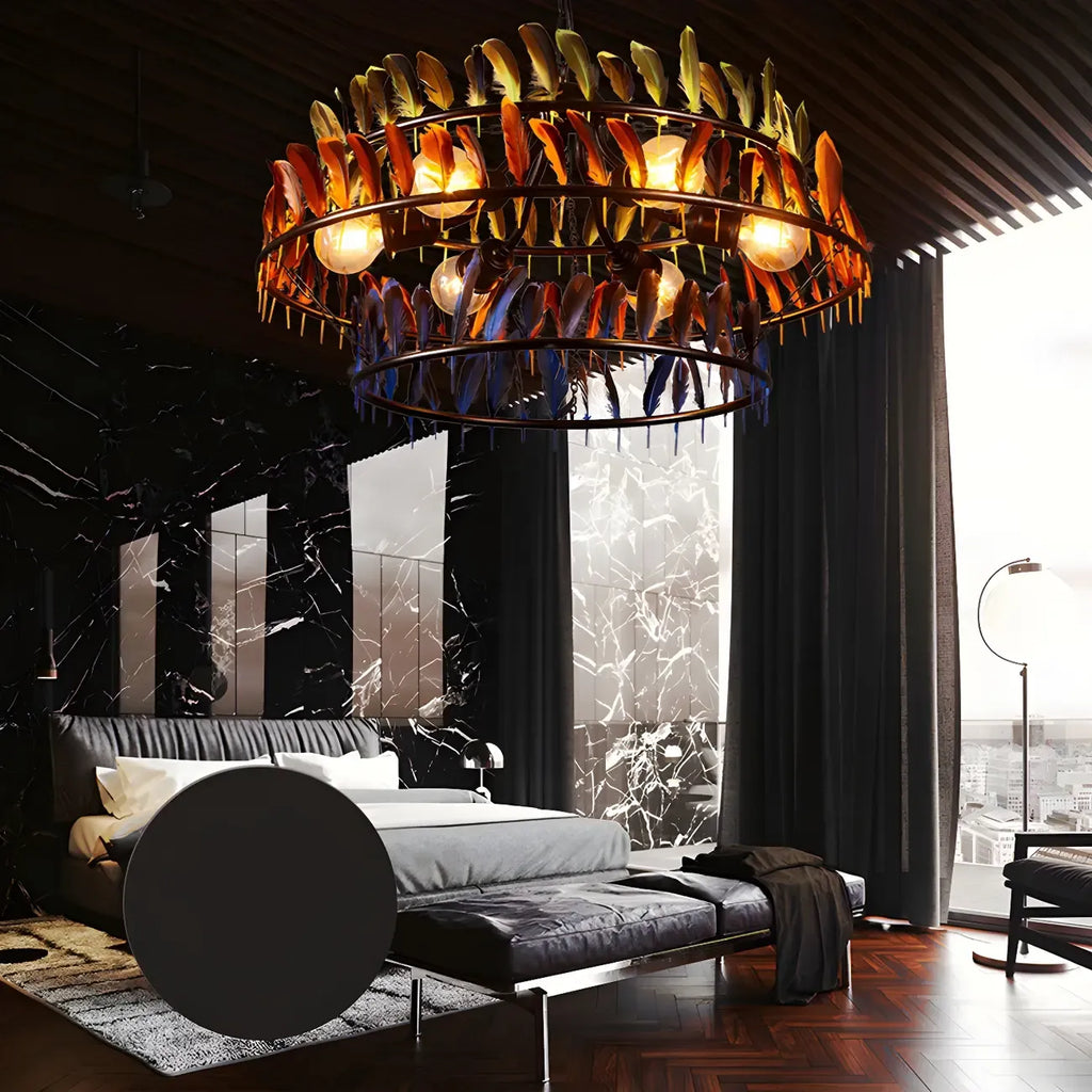 Lustre Art Déco à deux niveaux en forme de cerceau de plumes avec chaîne réglable