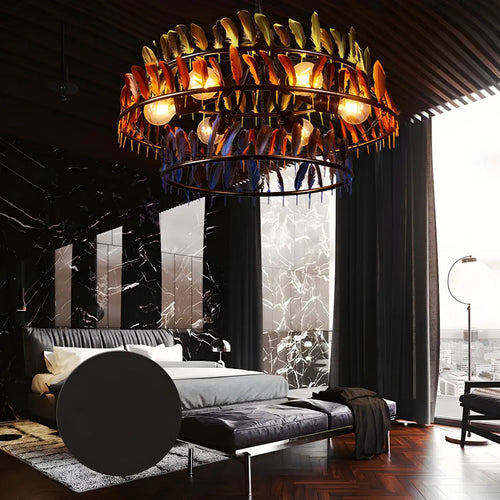 Lustre Art Déco à deux niveaux en forme de cerceau de plumes avec chaîne réglable