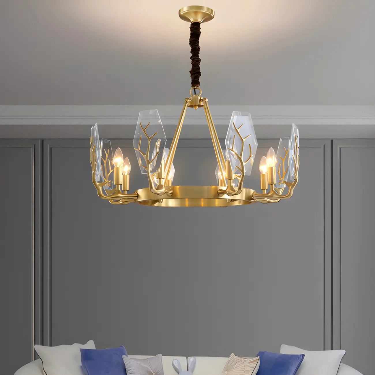 Lustre rond en verre à branches dorées nordiques