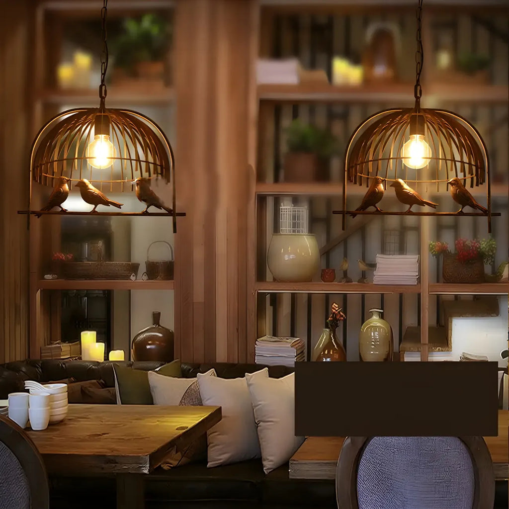 Suspension industrielle en métal en forme de cage à oiseaux pour îlot de cuisine