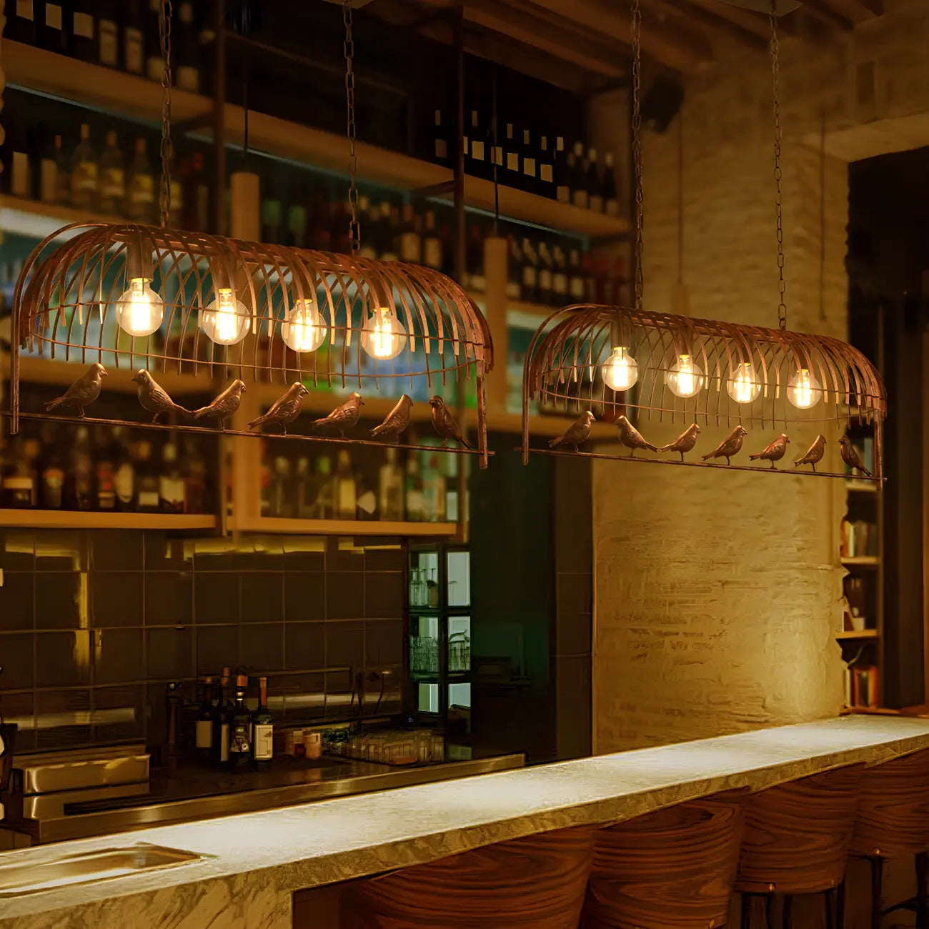 Suspension industrielle en métal en forme de cage à oiseaux pour îlot de cuisine