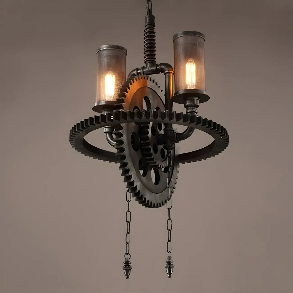 Lustre industriel steampunk à engrenages en métal noir