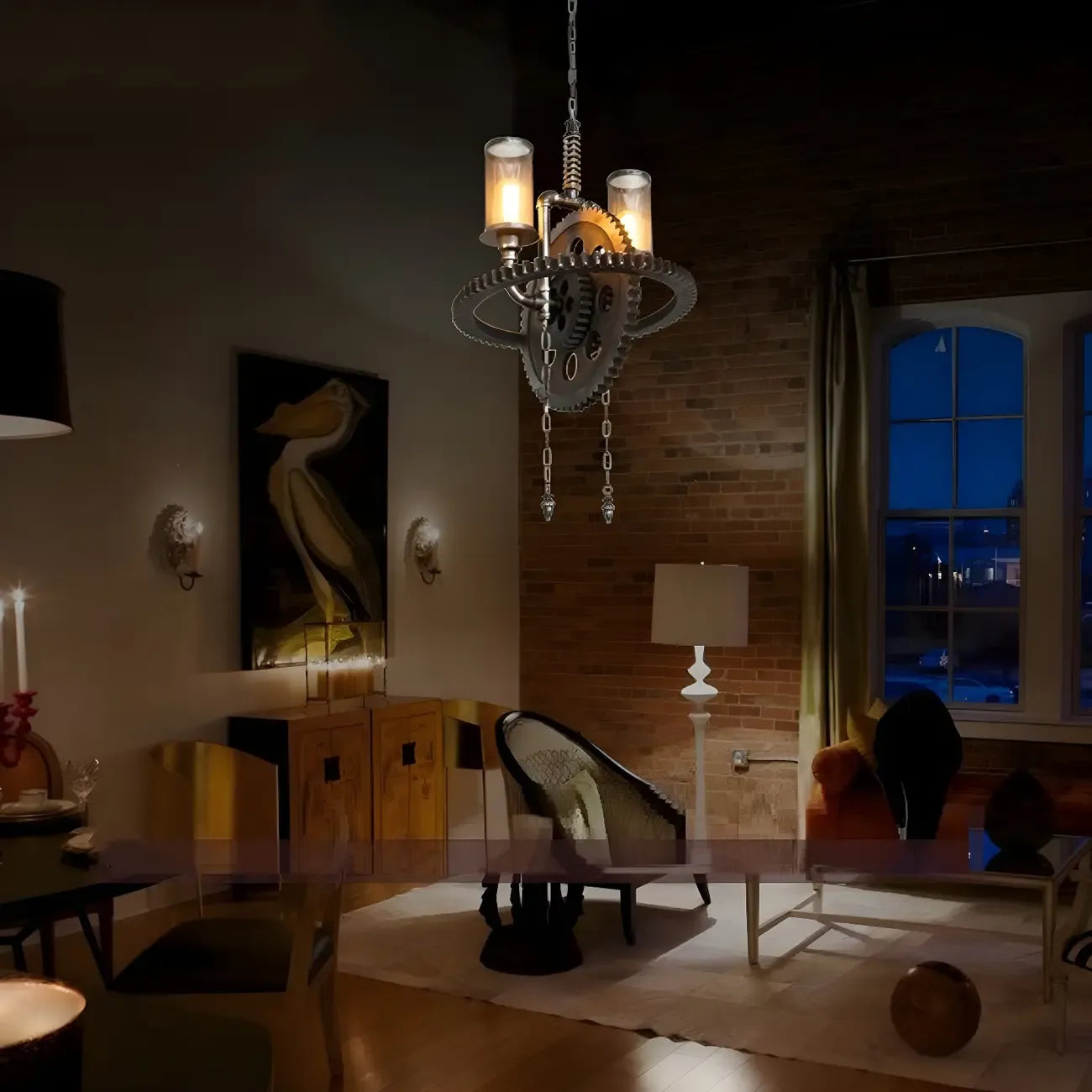 Lustre industriel steampunk à engrenages en métal noir