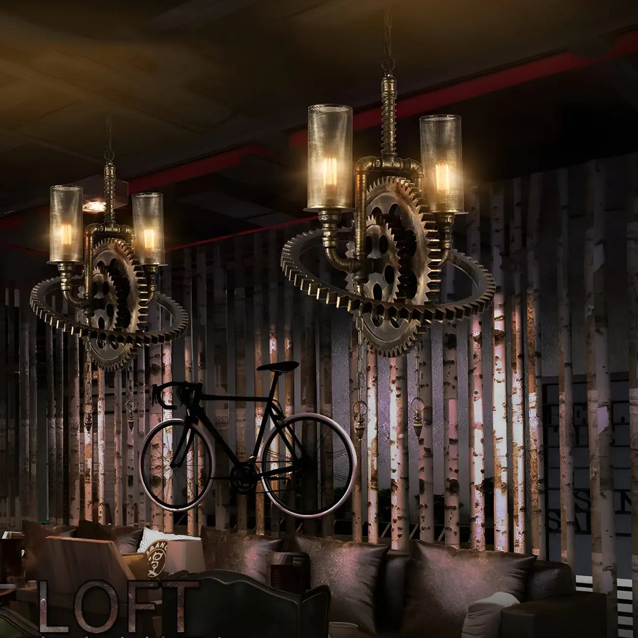 Lustre industriel steampunk à engrenages en métal noir