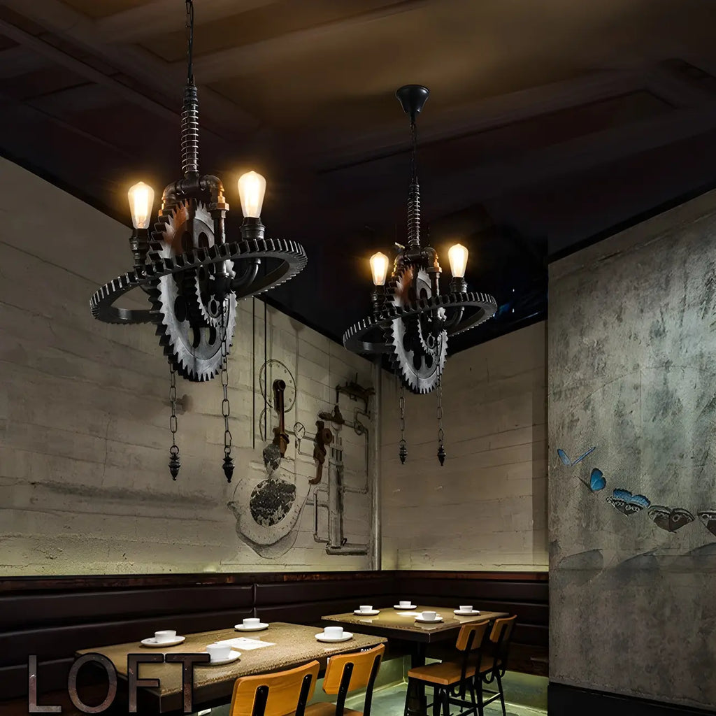 Lustre industriel steampunk à engrenages en métal noir