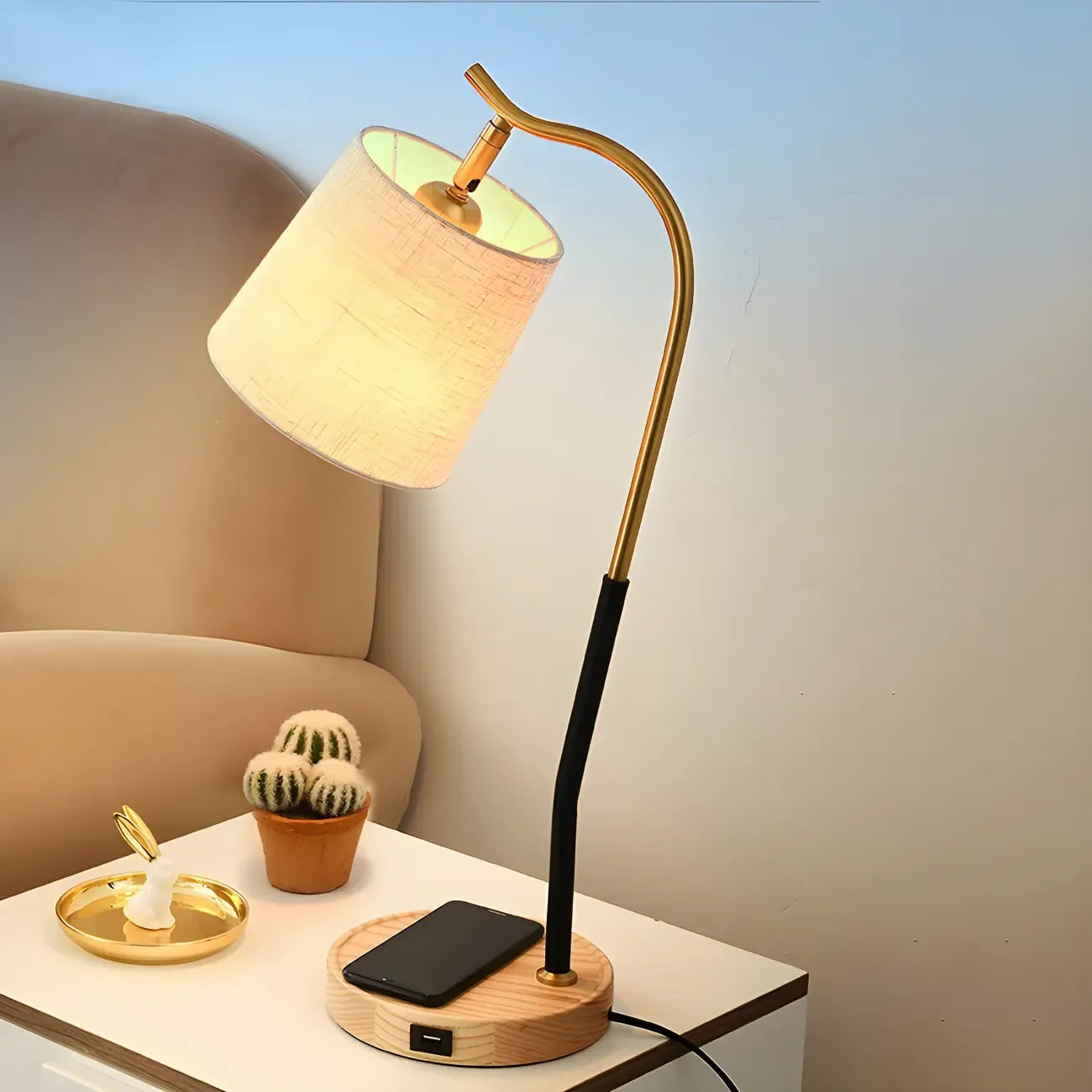 Lampe de table orientale en bois arqué et tissu, style tonneau, pour chambre à coucher