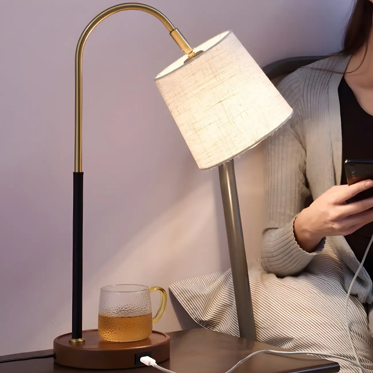 Lampe de table orientale en bois arqué et tissu, style tonneau, pour chambre à coucher