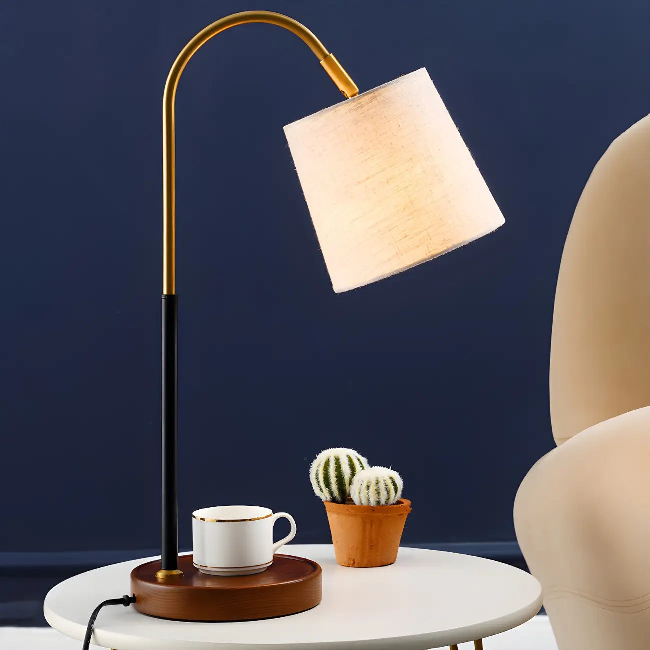 Lampe de table orientale en bois arqué et tissu, style tonneau, pour chambre à coucher