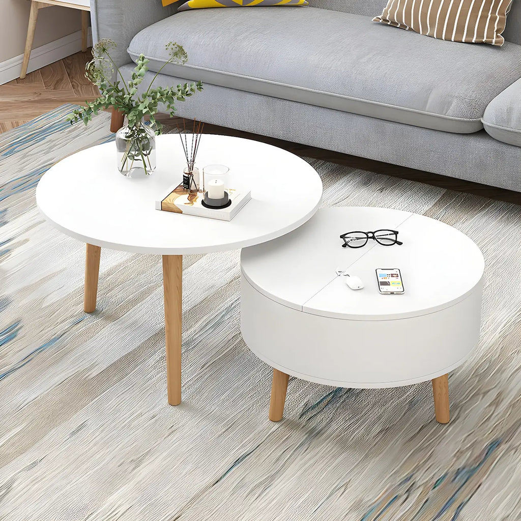 Table basse ronde moderne en bois noir et blanc avec rangement