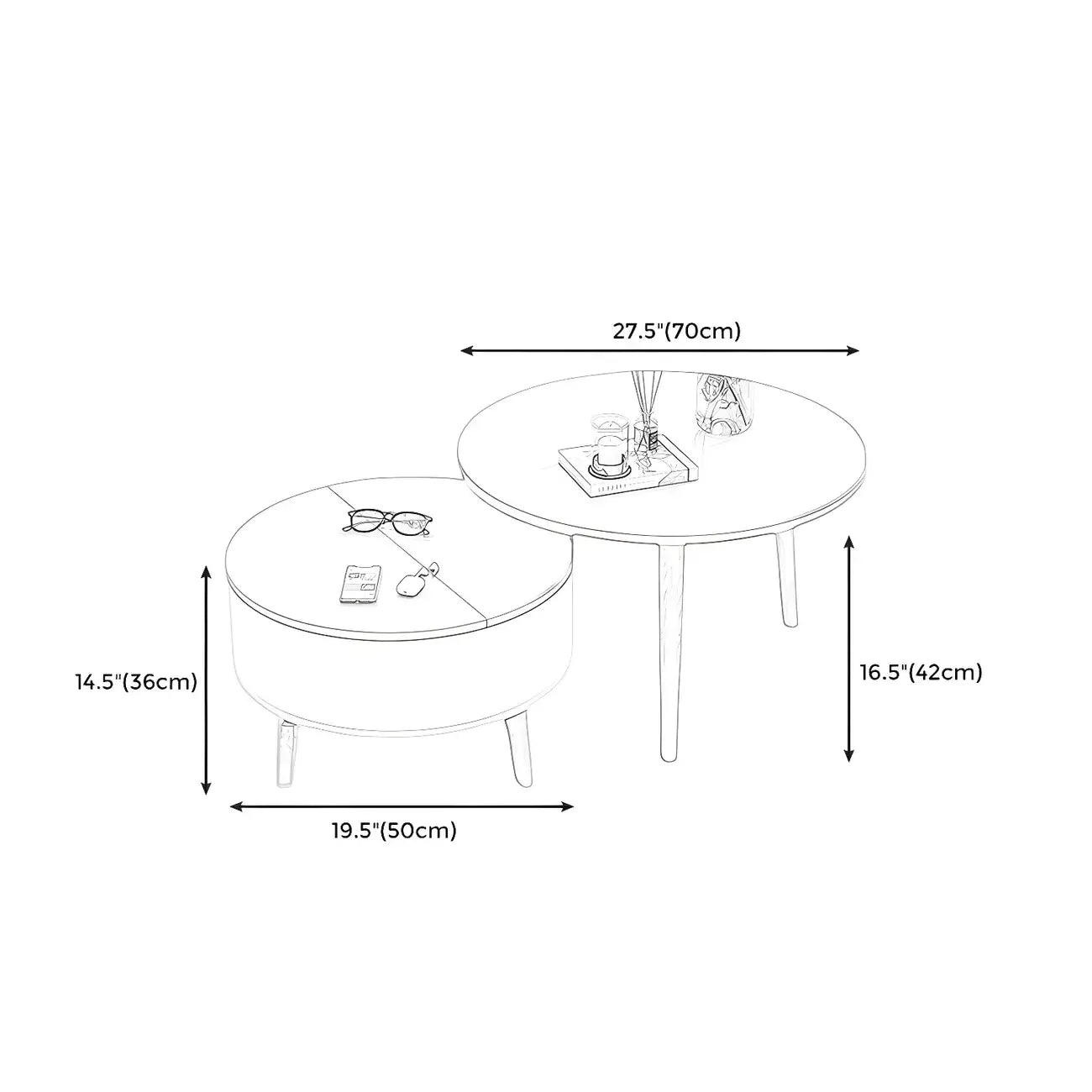 Table basse ronde moderne en bois noir et blanc avec rangement